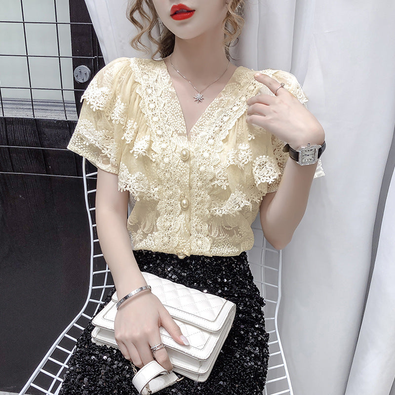 French Style Elegant V-neck Single-breasted Lace Shirt Western Style