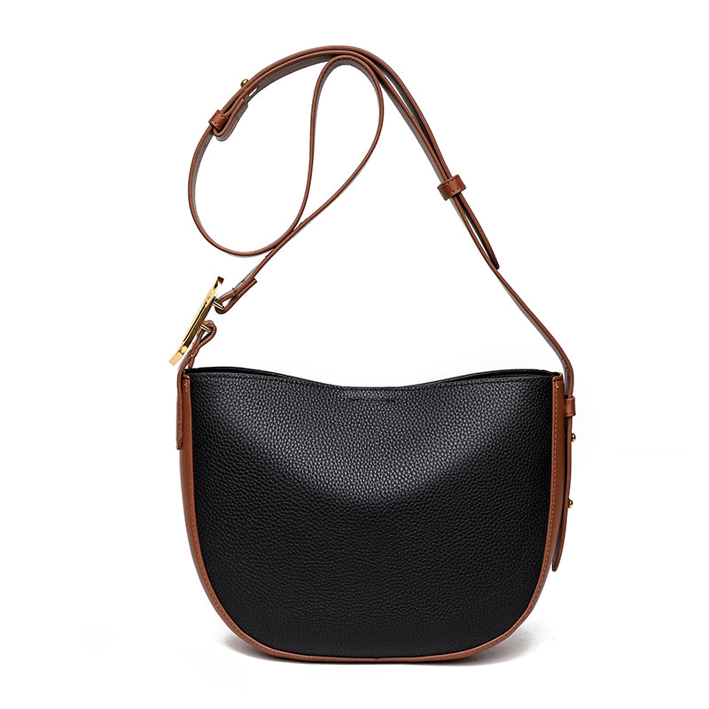 Leather Contrast Broadband Crescent Bucket Bag