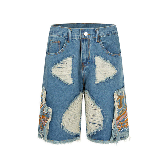 Mens Heavy-duty Ripped Embroidered Denim Shorts