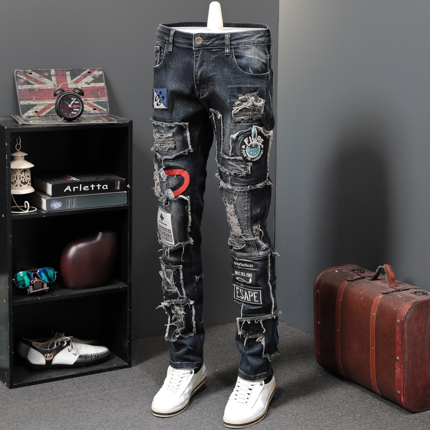 Men's Shredded Patch Embroidered Badge Jeans